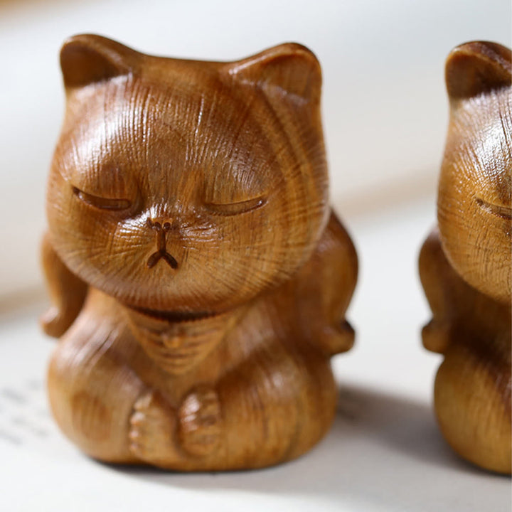 Buddha Stones Small Mini Green Sandalwood Lucky Cat Carved Soothing Decorations - image 3