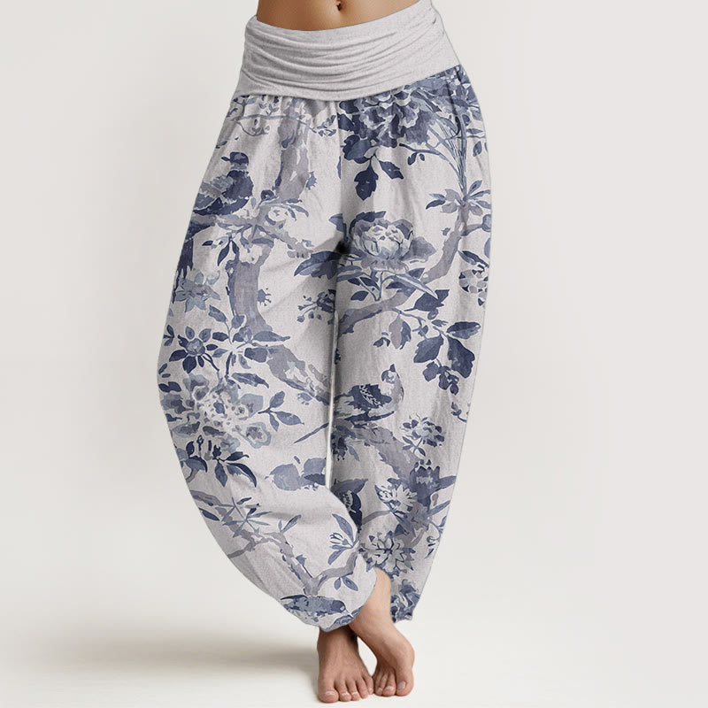 Buddha Stones Pure Cotton Birds Branches Flowers Pattern Women's Elastic Waist Harem Pants - WhiteSmoke - US22，UK/AU26，EU54 (6XL) - image 8
