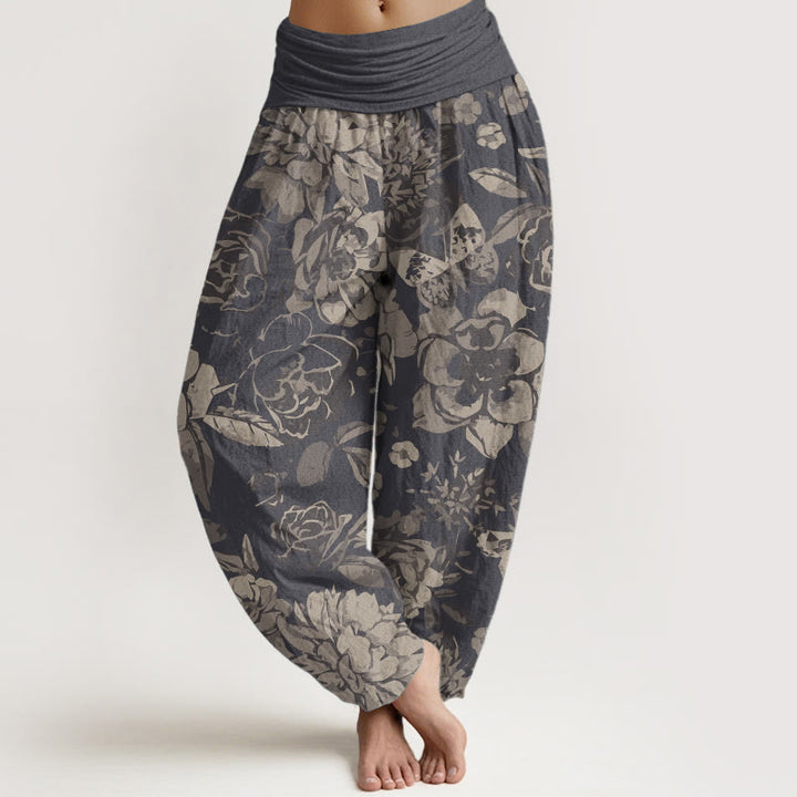 Buddha Stones Pure Cotton Casual Peony Flowers Leaves Women's Elastic Waist Harem Pants - DarkGray - US22，UK/AU26，EU54 (6XL) - image 0