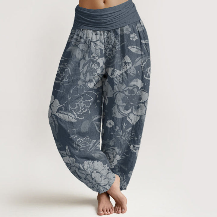 Buddha Stones Pure Cotton Casual Peony Flowers Leaves Women's Elastic Waist Harem Pants - SteelBlue - US22，UK/AU26，EU54 (6XL) - image 8