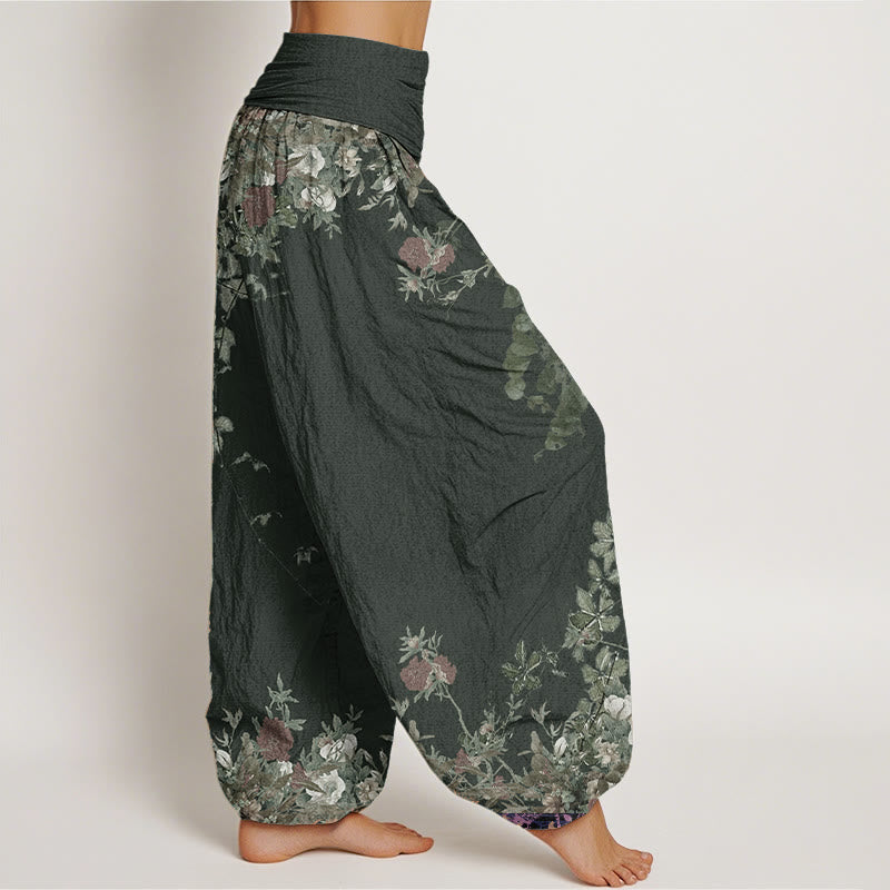 Buddha Stones Pure Cotton Casual Red Peony Flower Vine Design Women's Elastic Waist Harem Pants - image 8