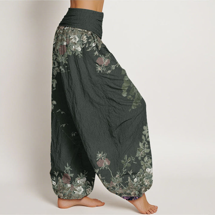 Buddha Stones Pure Cotton Casual Red Peony Flower Vine Design Women's Elastic Waist Harem Pants - image 8