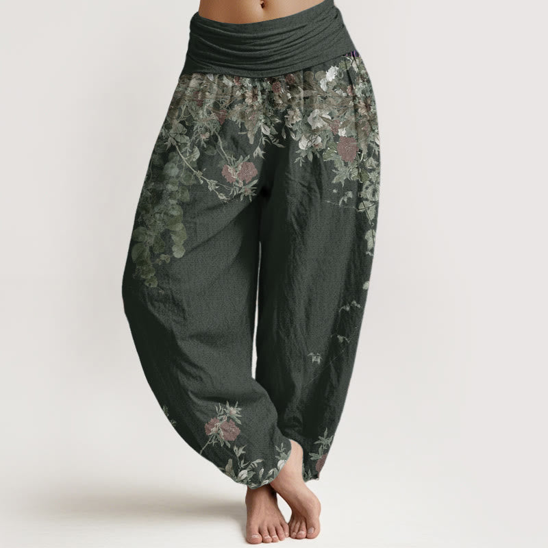 Buddha Stones Pure Cotton Casual Red Peony Flower Vine Design Women's Elastic Waist Harem Pants - CadetBlue - US22，UK/AU26，EU54 (6XL) - image 6