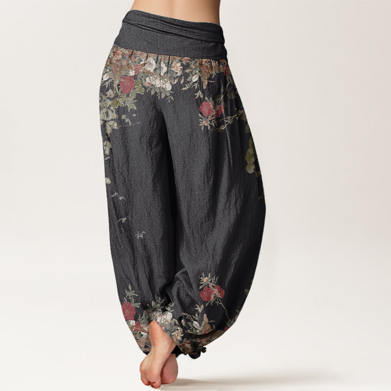 Buddha Stones Pure Cotton Casual Red Peony Flower Vine Design Women's Elastic Waist Harem Pants - image 1