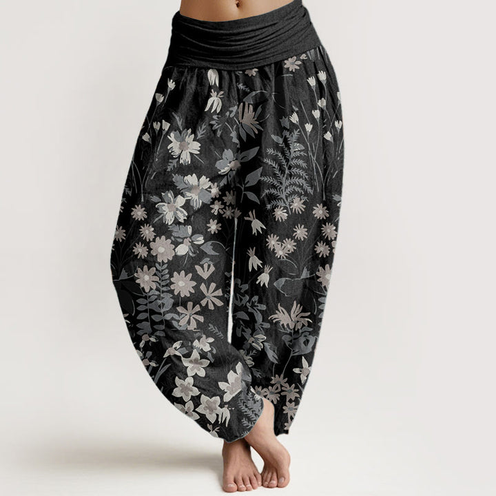 Buddha Stones Pure Cotton Casual Daisy Flowers Leaves Design Women's Elastic Waist Harem Pants - Black - US22，UK/AU26，EU54 (6XL) - image 5