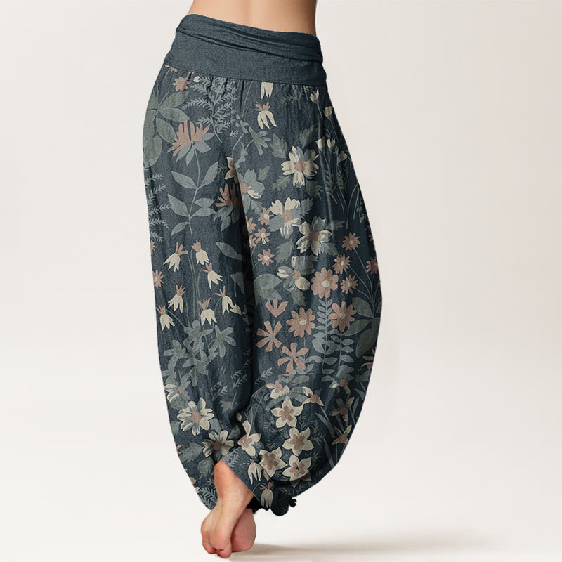 Buddha Stones Pure Cotton Casual Daisy Flowers Leaves Design Women's Elastic Waist Harem Pants - image 1