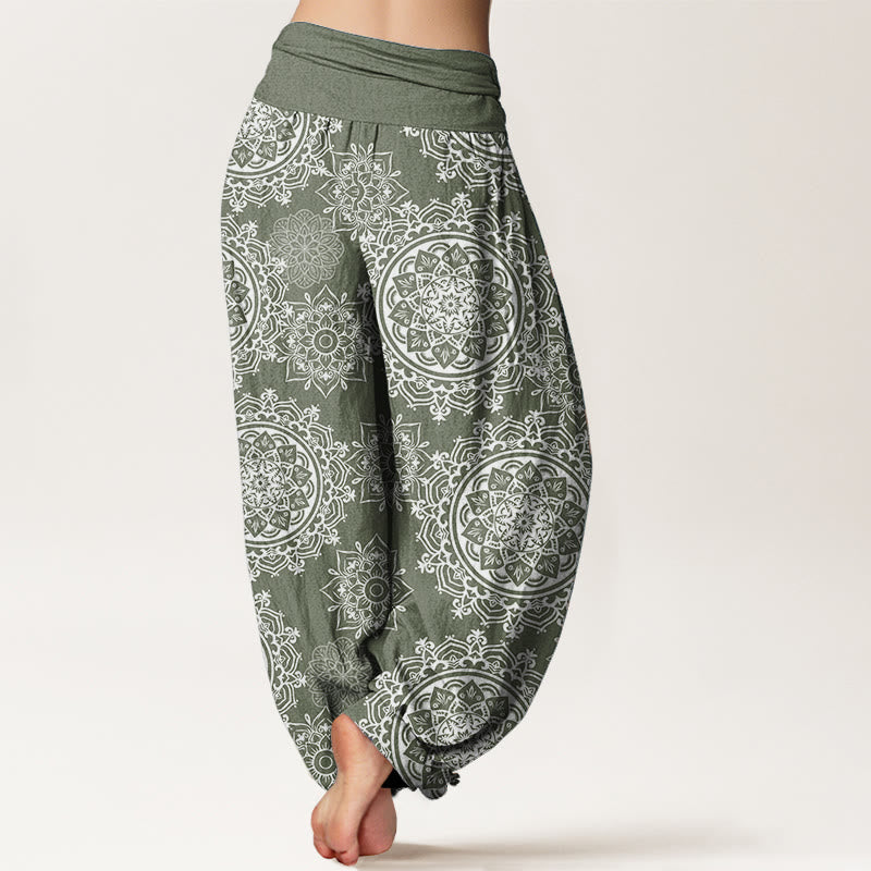 Buddha Stones Pure Cotton Casual White Mandala Flower Design Women's Elastic Waist Harem Pants - image 1