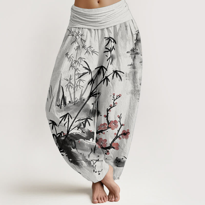 Buddha Stones Pure Cotton Plum Blossoms Bamboo Orchids Chrysanthemums Pattern Women's Elastic Waist Harem Pants - WhiteSmoke - US22，UK/AU26，EU54 (6XL) - image 0
