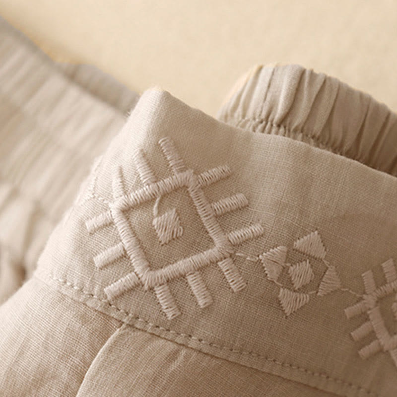 Buddha Stones Geometric Embroidery Elastic Waist Women's Cotton Linen Wide Leg Pants With Pockets - image 15