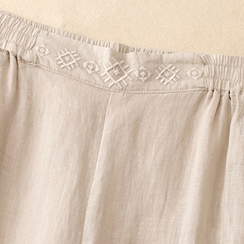 Buddha Stones Geometric Embroidery Elastic Waist Women's Cotton Linen Wide Leg Pants With Pockets - image 13