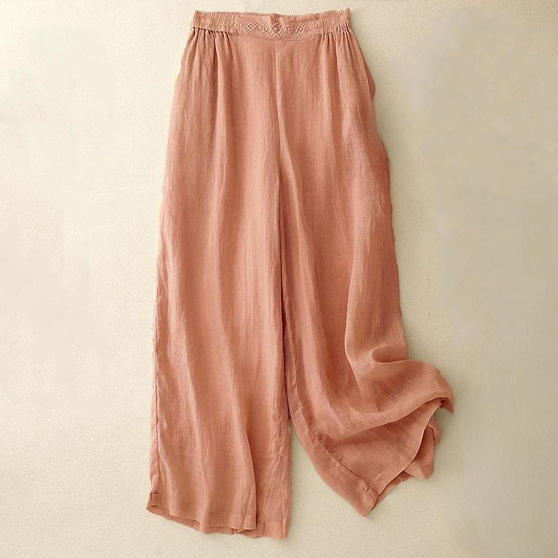 Buddha Stones Geometric Embroidery Elastic Waist Women's Cotton Linen Wide Leg Pants With Pockets - LightSalmon - US8-10，UK/AU12-14，EU40-42 (2XL) - image 0