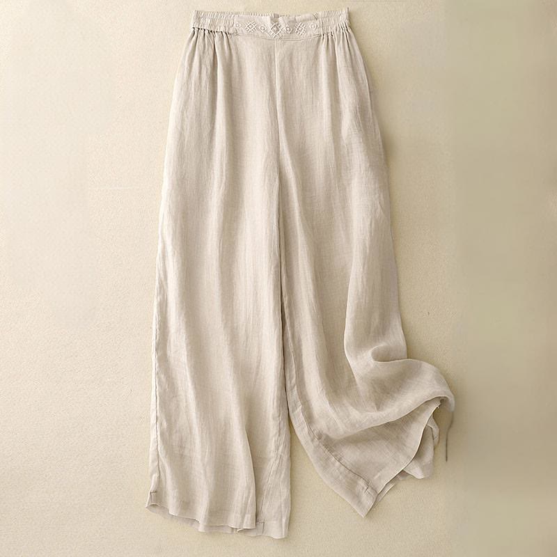 Buddha Stones Geometric Embroidery Elastic Waist Women's Cotton Linen Wide Leg Pants With Pockets - Beige - US8-10，UK/AU12-14，EU40-42 (2XL) - image 11