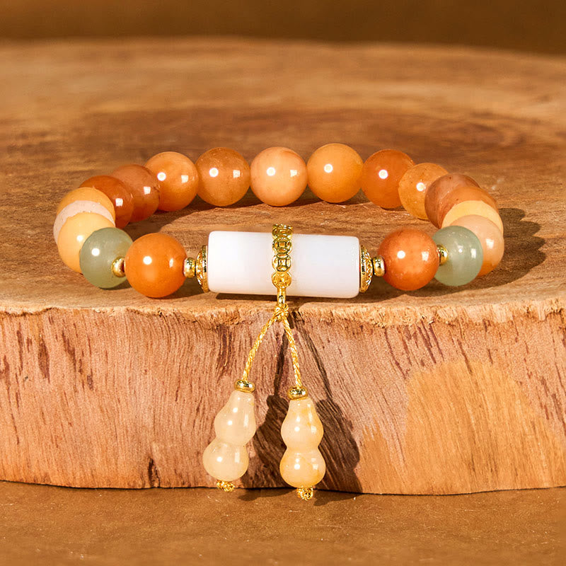 Buddha Stones Golden Silk Jade Beads Gourd White Crystal Wealth Luck Bracelet - Golden Silk Jade(Wrist Circumference: 14-15cm) - image 0