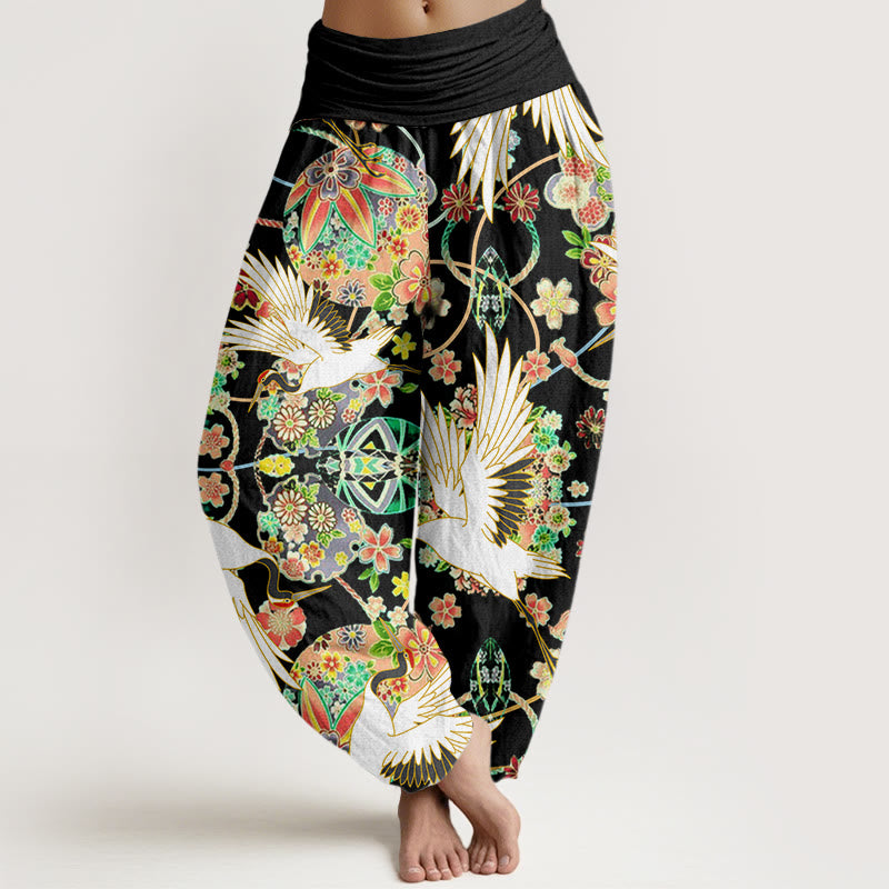 Buddha Stones Cotton Casual Crane Floral Geometric Pattern Elastic Waist Women's Harem Pants - Black - US22，UK/AU26，EU54 (6XL) - image 7