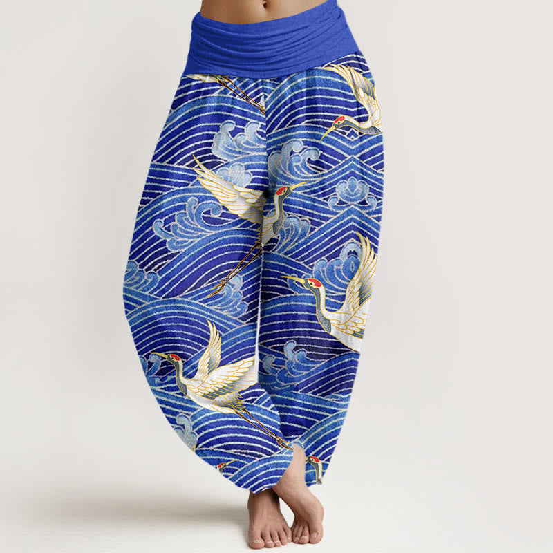 Buddha Stones Cotton Casual Crane Ocean Waves Pattern Elastic Waist Women's Harem Pants - SlateBlue - US22，UK/AU26，EU54 (6XL) - image 0