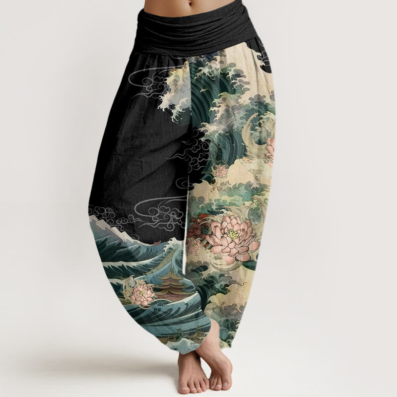 Buddha Stones Cotton Casual Blooming Lotuse Wave Pavilion Pattern Women's Elastic Waist Harem Pants - Black - US22，UK/AU26，EU54 (6XL) - image 0