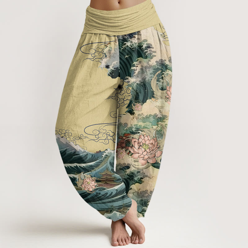 Buddha Stones Cotton Casual Blooming Lotuse Wave Pavilion Pattern Women's Elastic Waist Harem Pants - Khaki - US22，UK/AU26，EU54 (6XL) - image 4