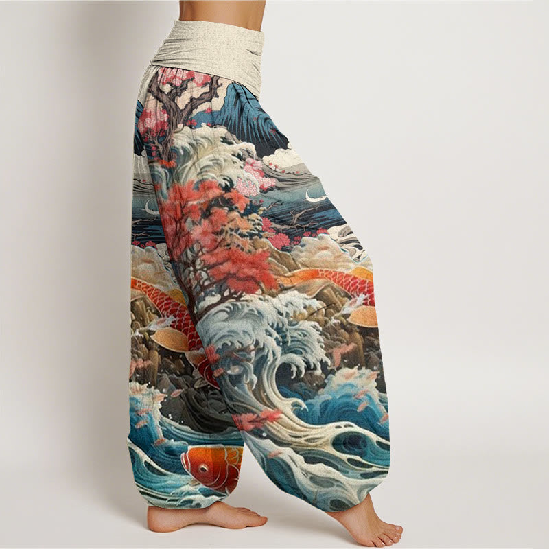 Buddha Stones Cotton Casual Blossoming Tree Koi Fish Wave Mountain Pattern Women's Elastic Waist Harem Pants - image 2