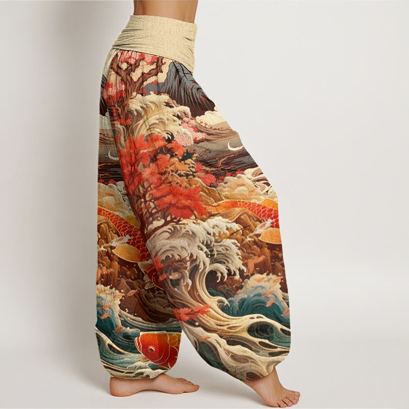 Buddha Stones Cotton Casual Blossoming Tree Koi Fish Wave Mountain Pattern Women's Elastic Waist Harem Pants - image 9