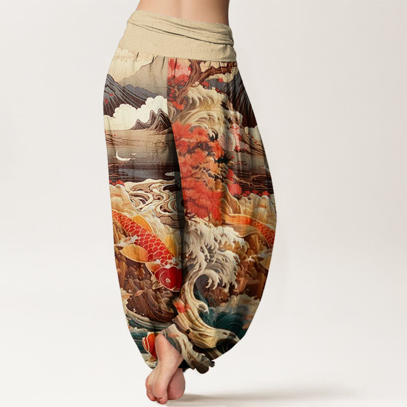 Buddha Stones Cotton Casual Blossoming Tree Koi Fish Wave Mountain Pattern Women's Elastic Waist Harem Pants - image 8
