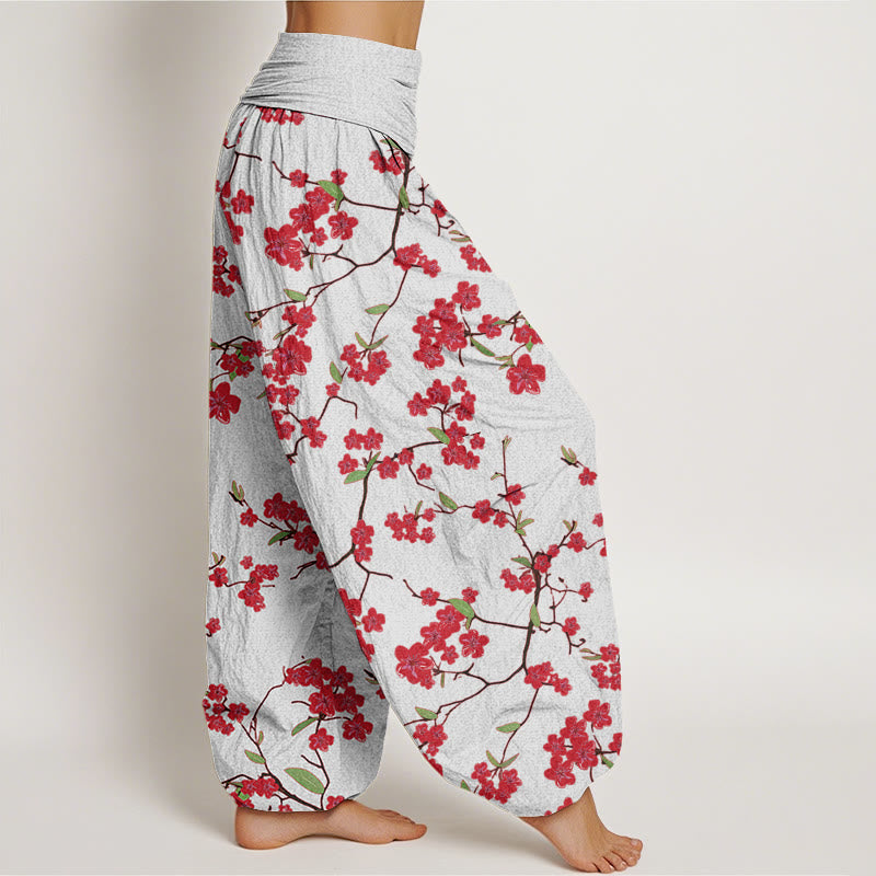 Buddha Stones Cotton Red Peach Blossom Pattern Women's Elastic Waist Harem Pants - image 6
