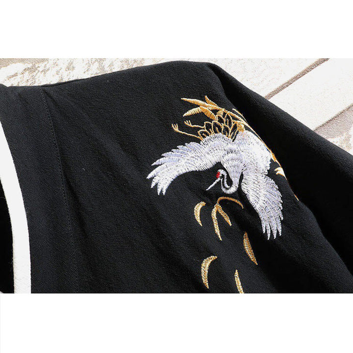 Buddha Stones Tang Suit Embroided Crane Pattern Lace-Up Side Men's Cotton Linen Short Sleeve T-Shirt - image 4