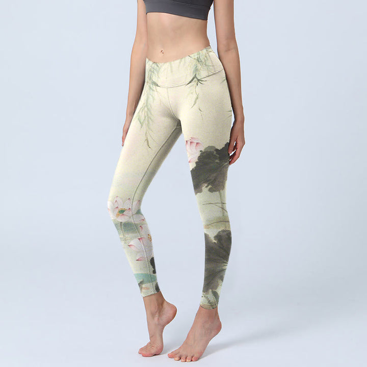 Buddha Stones Willow Leaves Lotus Pond Pattern Print Gym Leggings Women's Yoga Pants - Beige - US18，UK/AU22，EU50 (4XL) - image 0