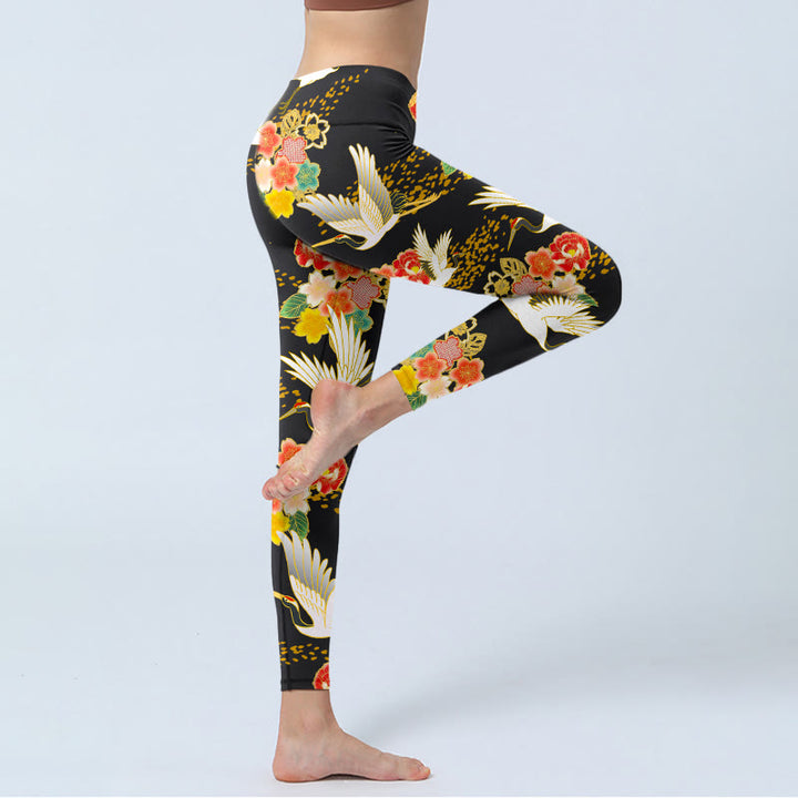 Buddha Stones Red-Crowned Cranes Colorful Floral Pattern Print Gym Leggings Women's Yoga Pants - image 4