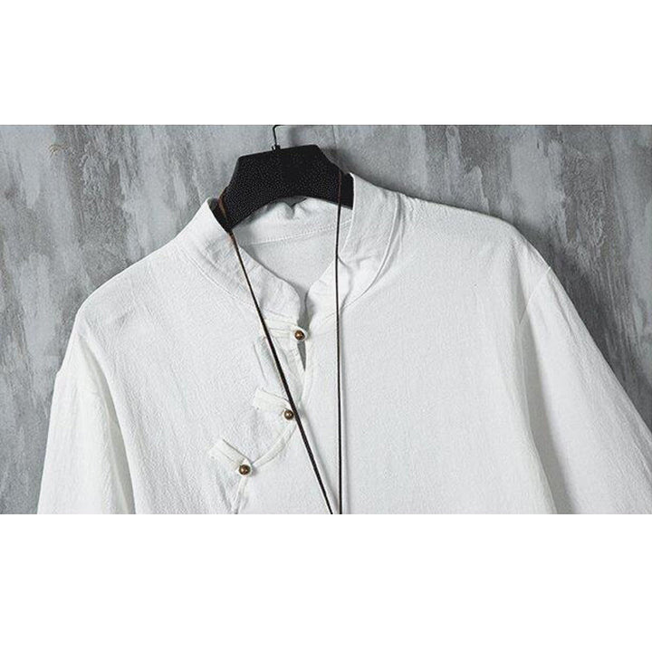 Buddha Stones Summer Chinese Frog-Button Printing Men's Plain Patchwork Half Sleeve Cotton Linen Shirt - image 2