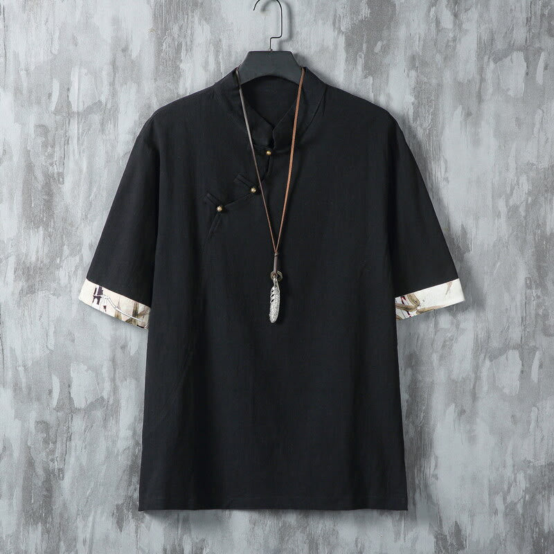 Buddha Stones Summer Chinese Frog-Button Printing Men's Plain Patchwork Half Sleeve Cotton Linen Shirt - Black - US/UK/AU46，EU56 (5XL) - image 7