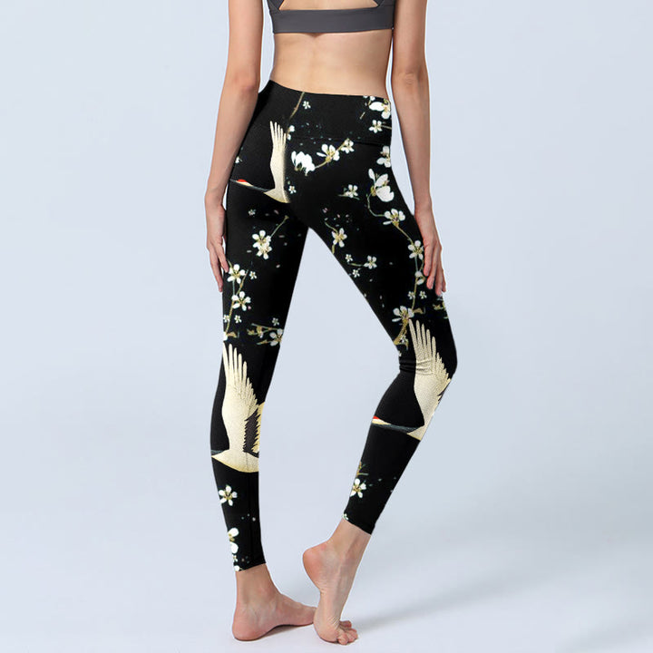 Buddha Stones Red-crowned Cranes Plum Blossoms Pattern Print Gym Leggings Women's Yoga Pants - image 4