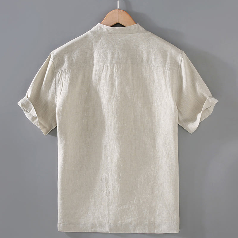 Buddha Stones Vintage Plain Tang Suit Chinese Frog-Button Cotton Linen Men's Shirt With Pockets - image 1