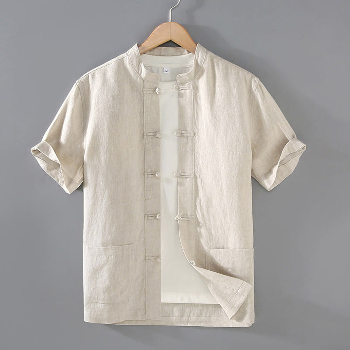 Buddha Stones Vintage Plain Tang Suit Chinese Frog-Button Cotton Linen Men's Shirt With Pockets - Beige - US/UK/AU46，EU56 (5XL) - image 0