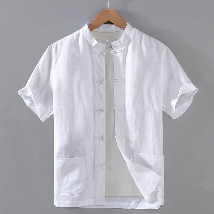 Buddha Stones Vintage Plain Tang Suit Chinese Frog-Button Cotton Linen Men's Shirt With Pockets - White - US/UK/AU46，EU56 (5XL) - image 10