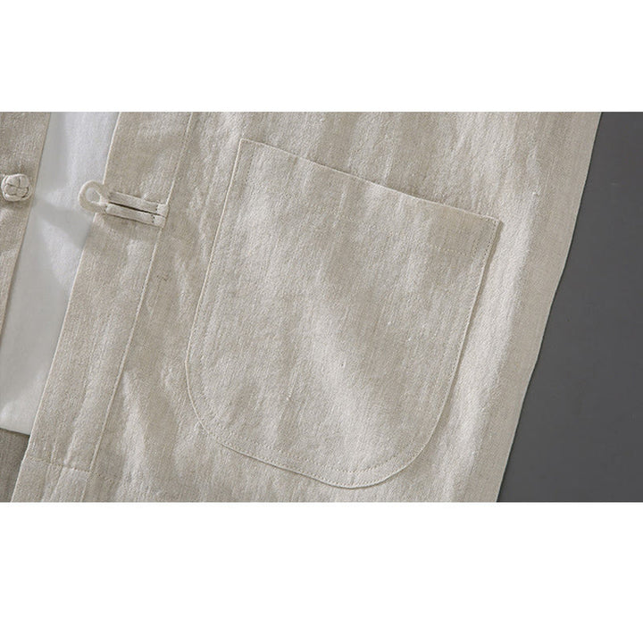 Buddha Stones Vintage Plain Tang Suit Chinese Frog-Button Cotton Linen Men's Shirt With Pockets - image 6