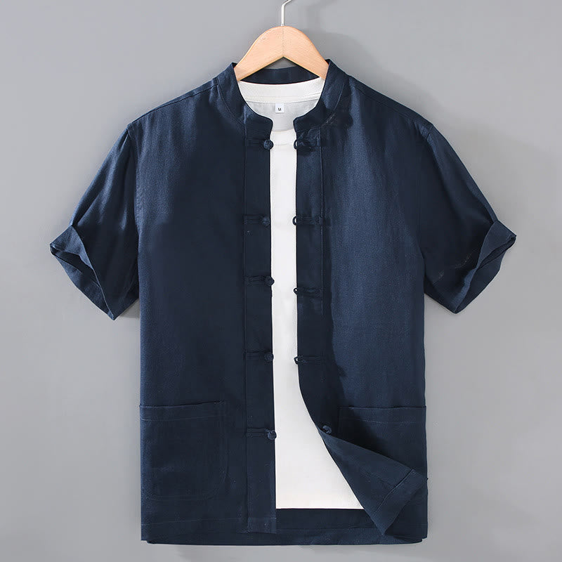 Buddha Stones Vintage Plain Tang Suit Chinese Frog-Button Cotton Linen Men's Shirt With Pockets - MidnightBlue - US/UK/AU46，EU56 (5XL) - image 9