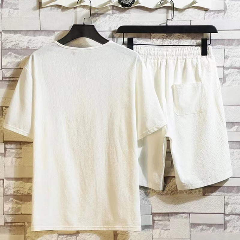 Buddha Stones 2Pcs Short Sleeve T-Shirt Drawstring Short Pants With Pockets Men's Cotton Linen Meditation Cloth Set - image 3