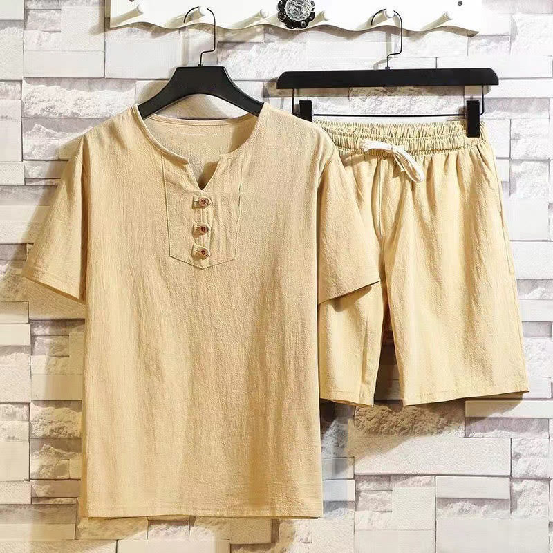 Buddha Stones 2Pcs Short Sleeve T-Shirt Drawstring Short Pants With Pockets Men's Cotton Linen Meditation Cloth Set - Khaki - US/UK/AU46，EU56 (5XL) - image 11