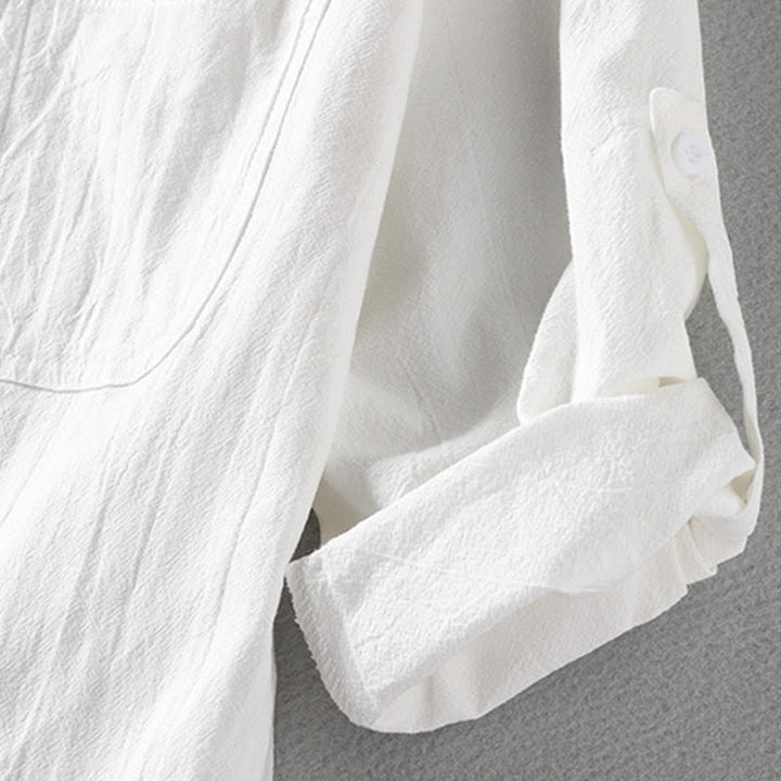 Buddha Stones Vintage Casual Plain Single Breasted Three Quarter Sleeve Men's Cotton Linen Shirt With Pocket - image 6