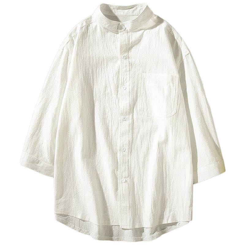 Buddha Stones Vintage Casual Plain Single Breasted Three Quarter Sleeve Men's Cotton Linen Shirt With Pocket - image 14