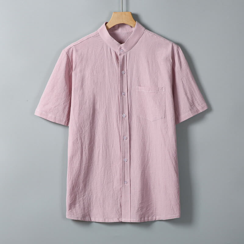 Buddha Stones Daily Printing Solid Color Single Breasted Men's Short Sleeve Cotton Linen Shirt WIth Pockets - Pink - US/UK/AU46，EU56 (5XL) - image 10