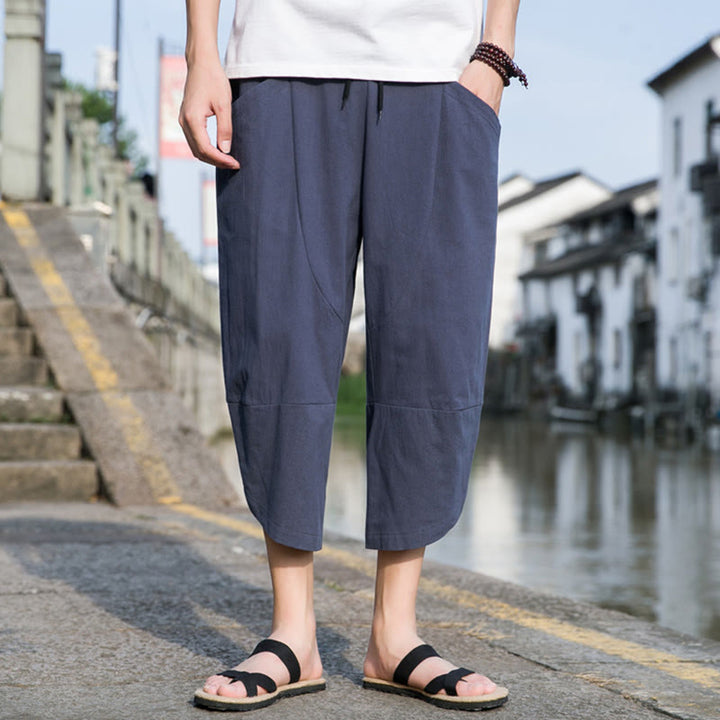 Buddha Stones Summer Casual Simple Plain Tapered Design Drawstring Men's  7-8 Length Cotton Linen Pants With Pockets - image 15