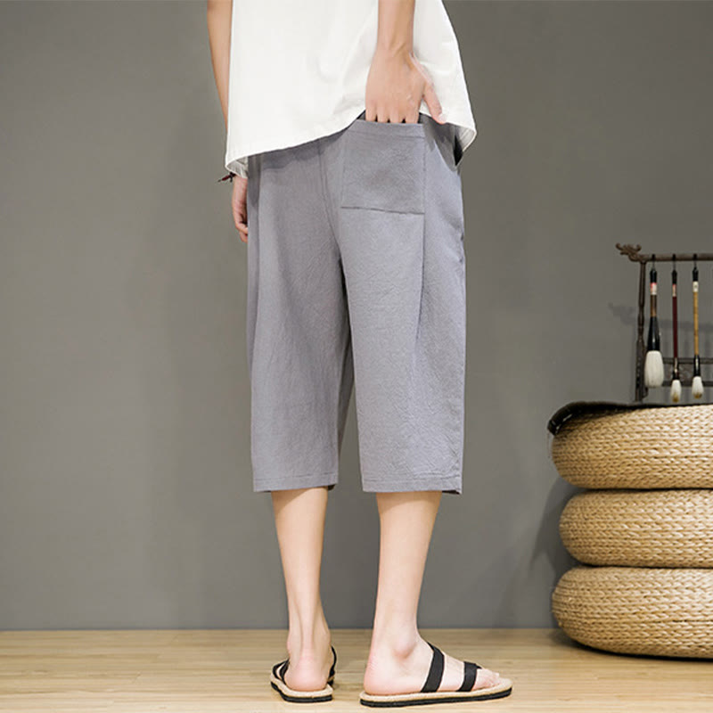 Buddha Stones Casual Summer Drawstring Solid Color Cropped Cotton Linen Men's Harem Pants With Pockets - image 23