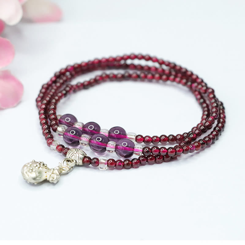 Buddha Stones Natural Garnet Elephant Abacus Lucky Bag PiXiu Protection Triple Wrap Bracelet - Lucky Bag(Wrist Circumference 14-15cm) - 3mm - image 7
