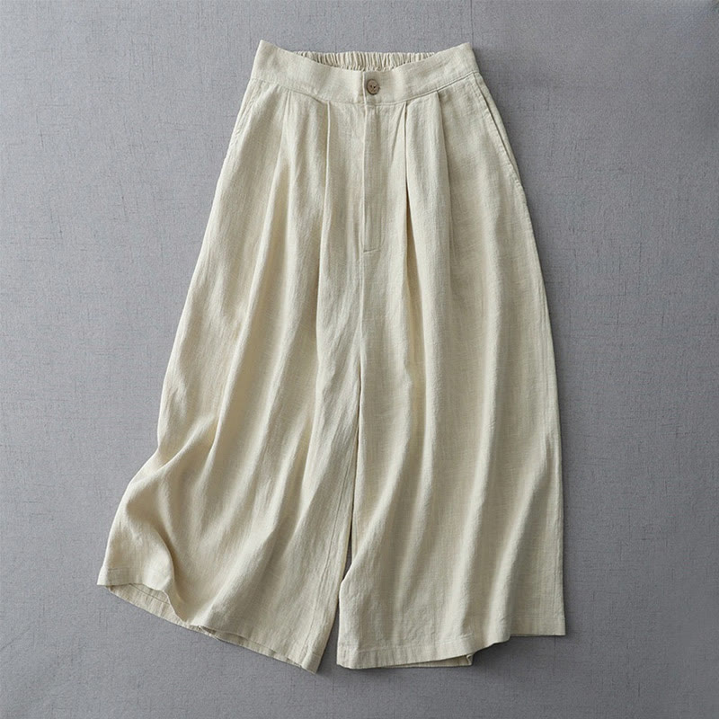 Buddha Stones Casual Plain Loose 7-8 Length Women's Polyester Wide Leg Pants With Pockets - Beige - US8-10，UK/AU12-14，EU40-42 (2XL) - image 0