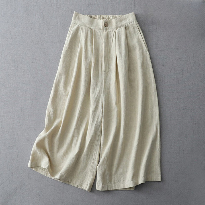 Buddha Stones Casual Plain Loose 7-8 Length Women's Polyester Wide Leg Pants With Pockets - Beige - US8-10，UK/AU12-14，EU40-42 (2XL) - image 0