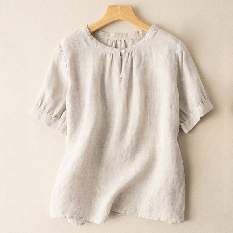 Buddha Stones Casual Women's Plain Crew Neck Button Design Half Sleeve Cotton Linen Shirt - Beige - US8-10，UK/AU12-14，EU40-42 (2XL) - image 0