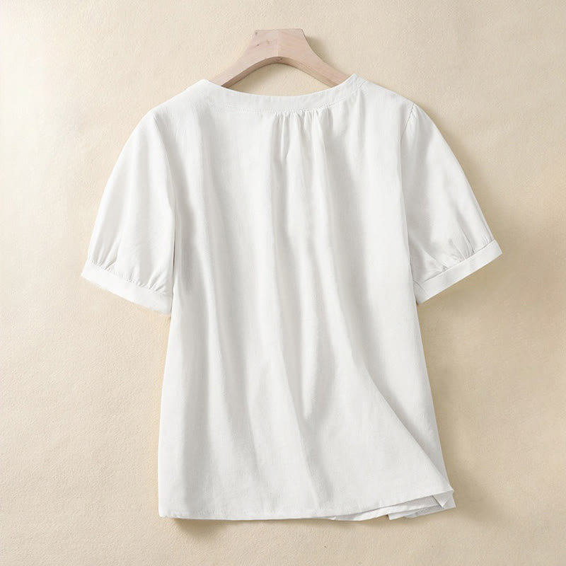Buddha Stones Casual Women's Plain Crew Neck Button Design Half Sleeve Linen Shirt - image 3