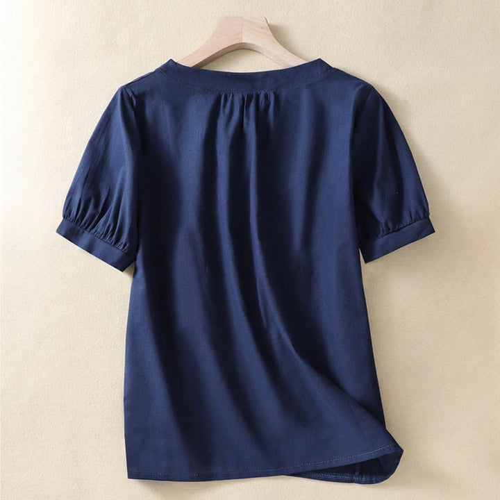Buddha Stones Casual Women's Plain Crew Neck Button Design Half Sleeve Linen Shirt - image 7