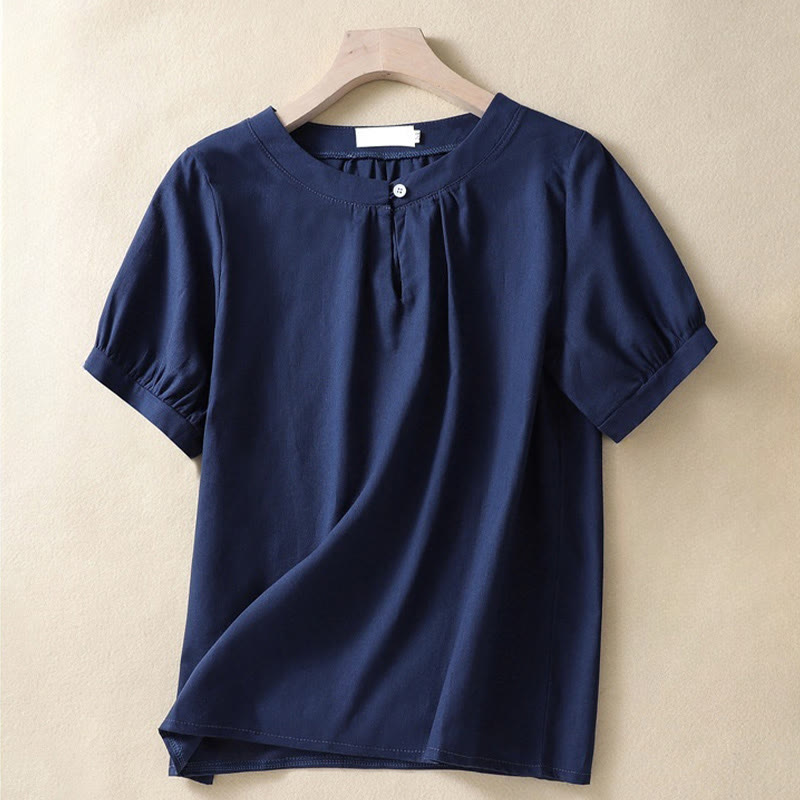 Buddha Stones Casual Women's Plain Crew Neck Button Design Half Sleeve Linen Shirt - Navy - US8-10，UK/AU12-14，EU40-42 (2XL) - image 6